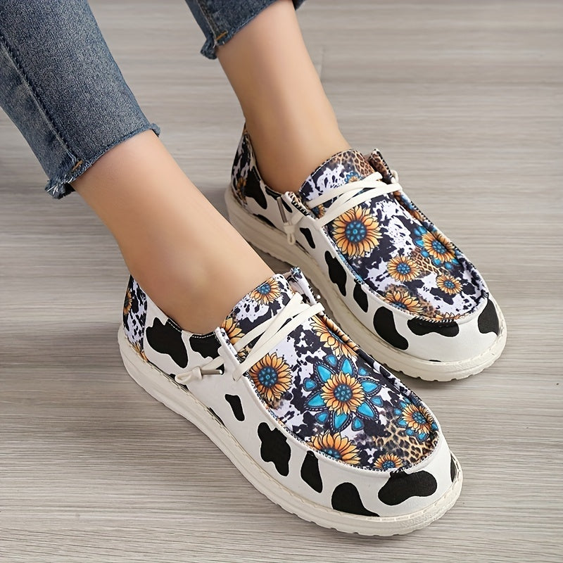 Sunflower & Cow Print Canvas Shoes Low Top Sneakers