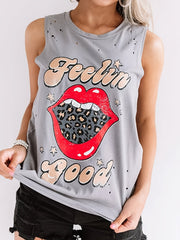 Leopard Lips Print Tank Top Crew Neck Sleeveless Top