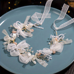 Faux Pearl Bridal Headband with Mesh Streamer Wedding Hair Accessory