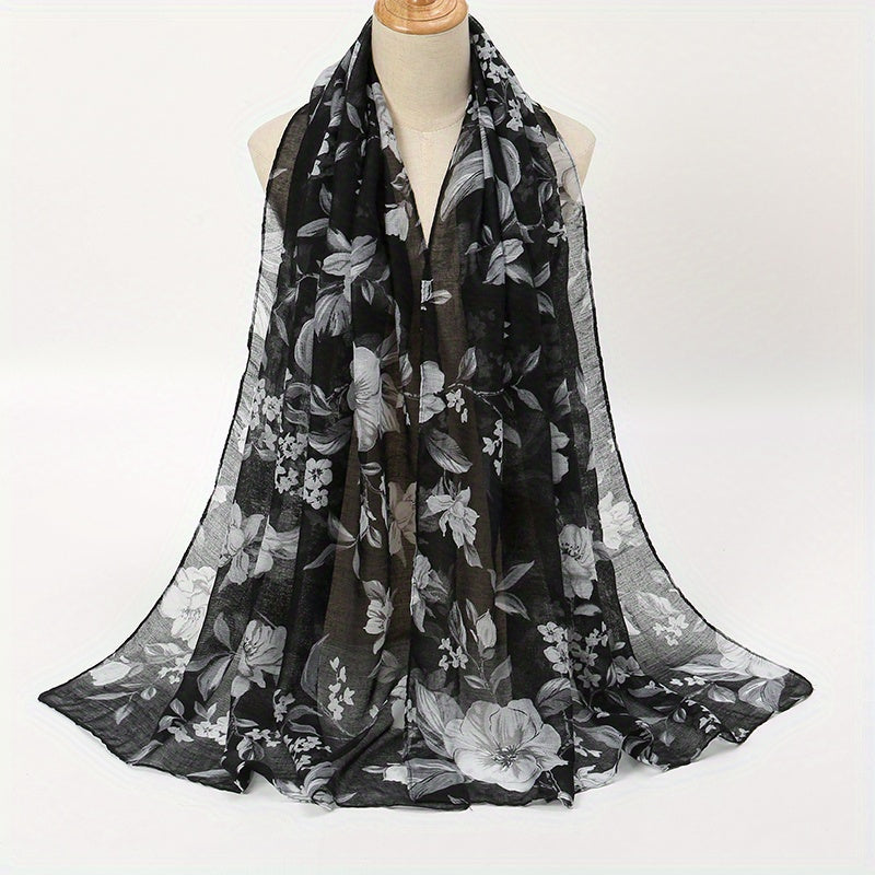 Vintage Voile Flower Print Scarf Classic Windproof Shawl Head Wrap