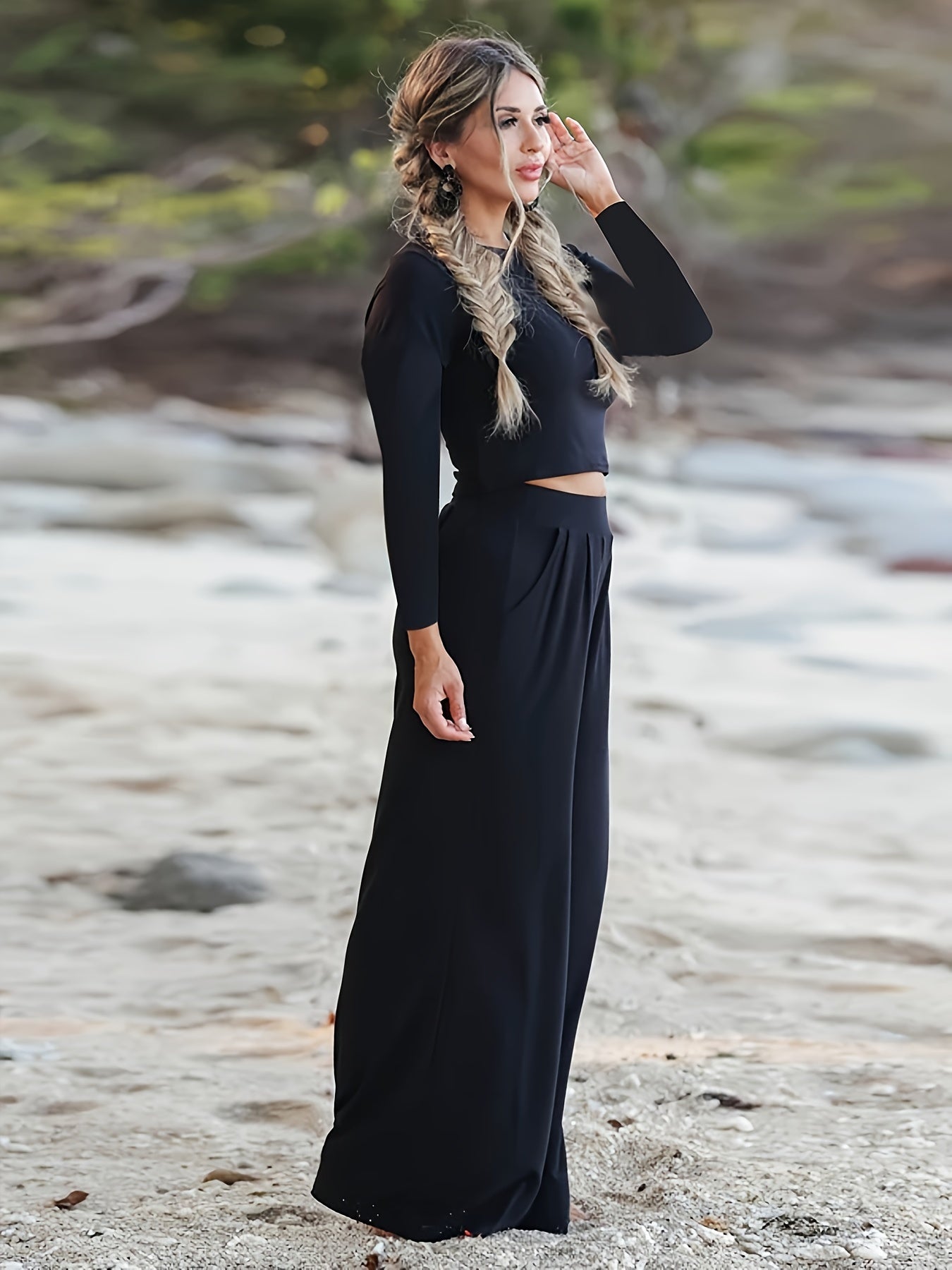  Solid Long Sleeve Crop Top & Wide Leg Pants Set