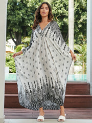  Geometric Print Batwing Sleeve V Neck Cover Up Dress