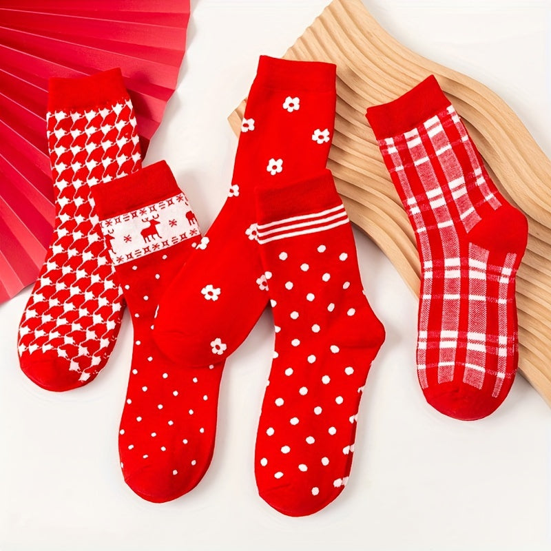 5 Pairs Polka Dot & Plaid Socks Comfy & Breathable Christmas Stockings