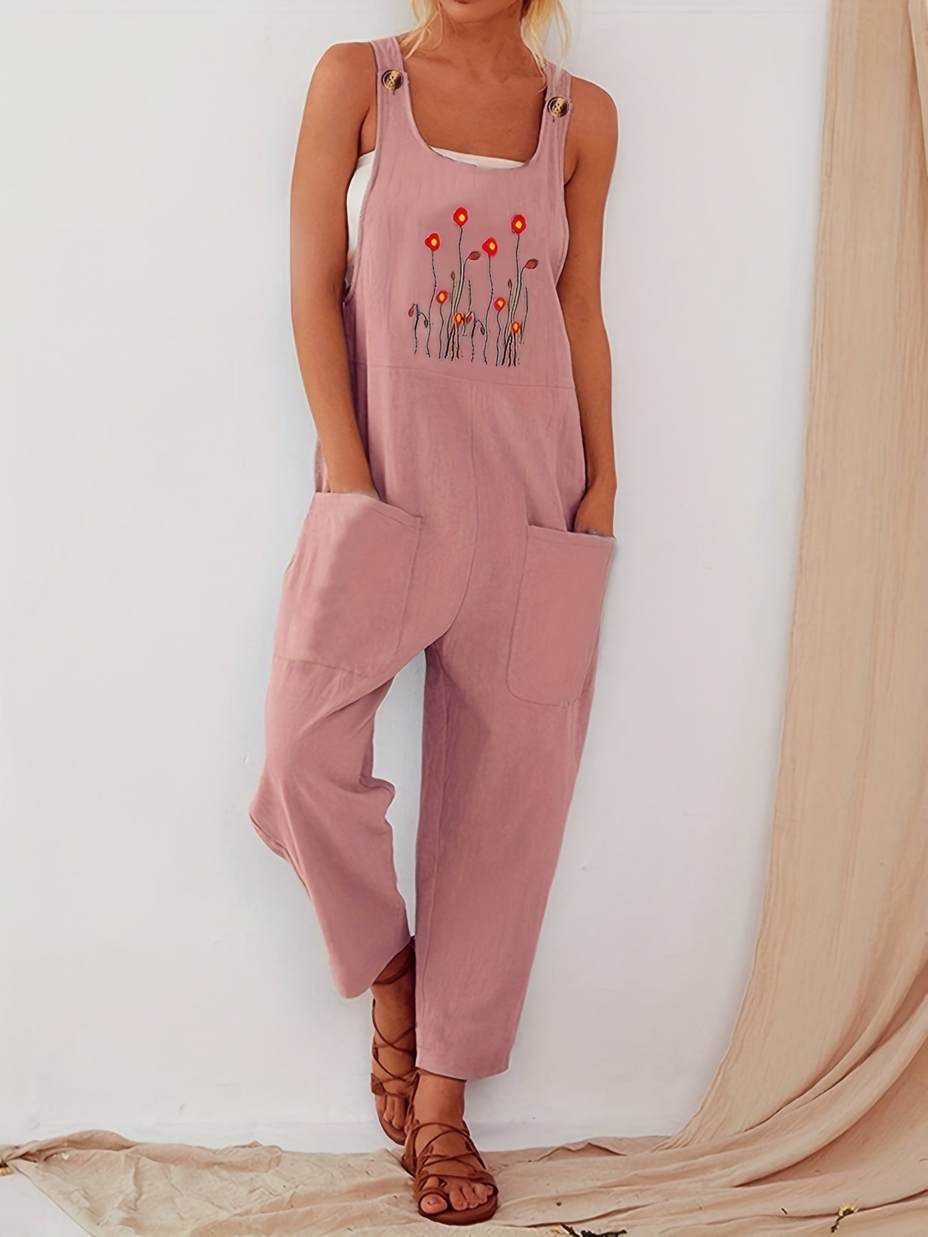 Pocket Solid Tank Jumpsuit Loose Casual Women's Clothing