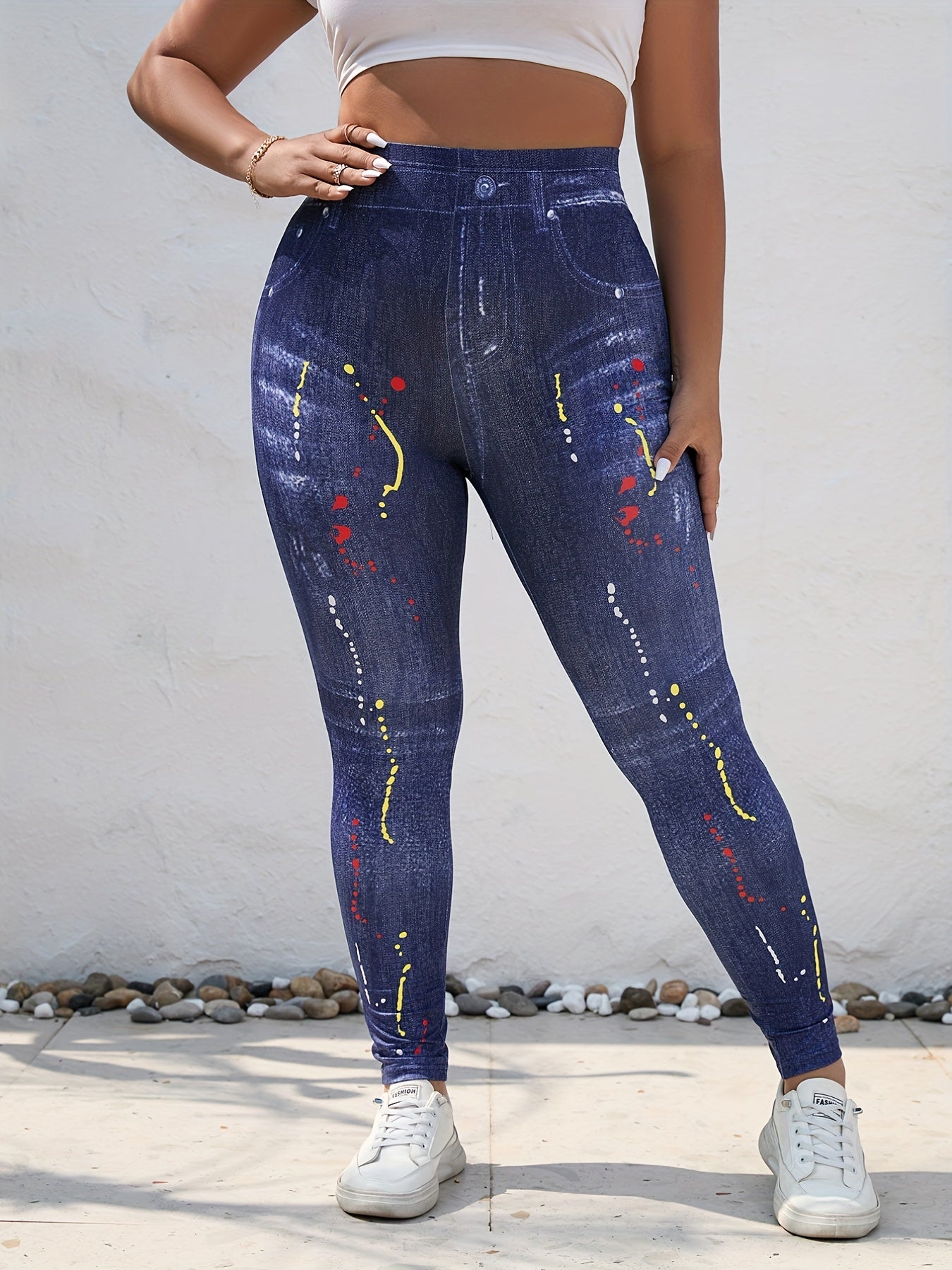  Denim & Painting Print Leggings - Stretchy Skinny Leggings