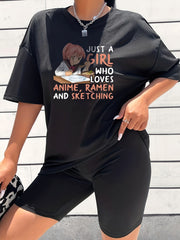2pcs Anime Graphic Crew Neck Short Sleeve T shirts & Solid Shorts Set