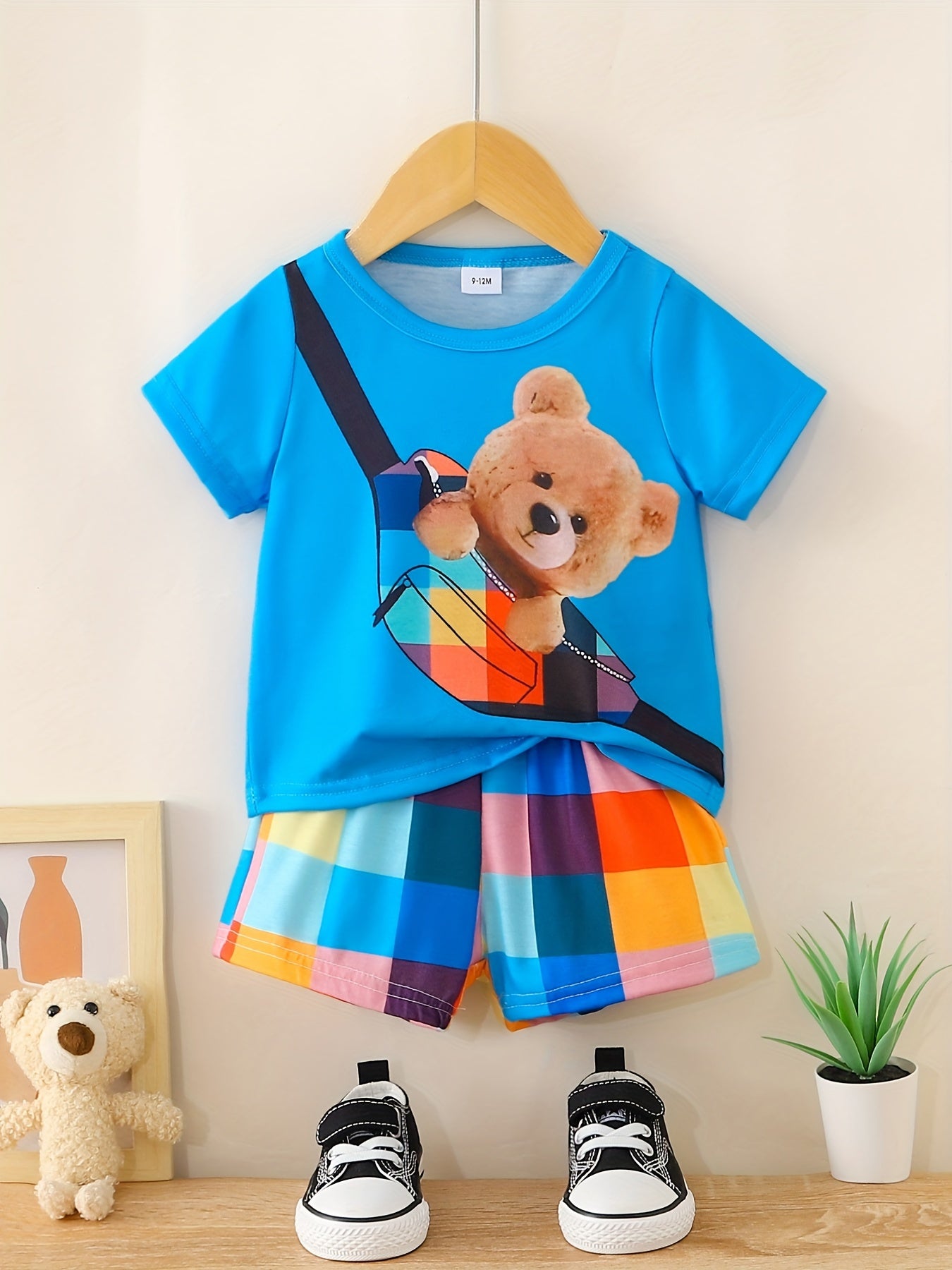 Preppy Kids Bear Graphic T-shirt & Plaid Shorts Set
