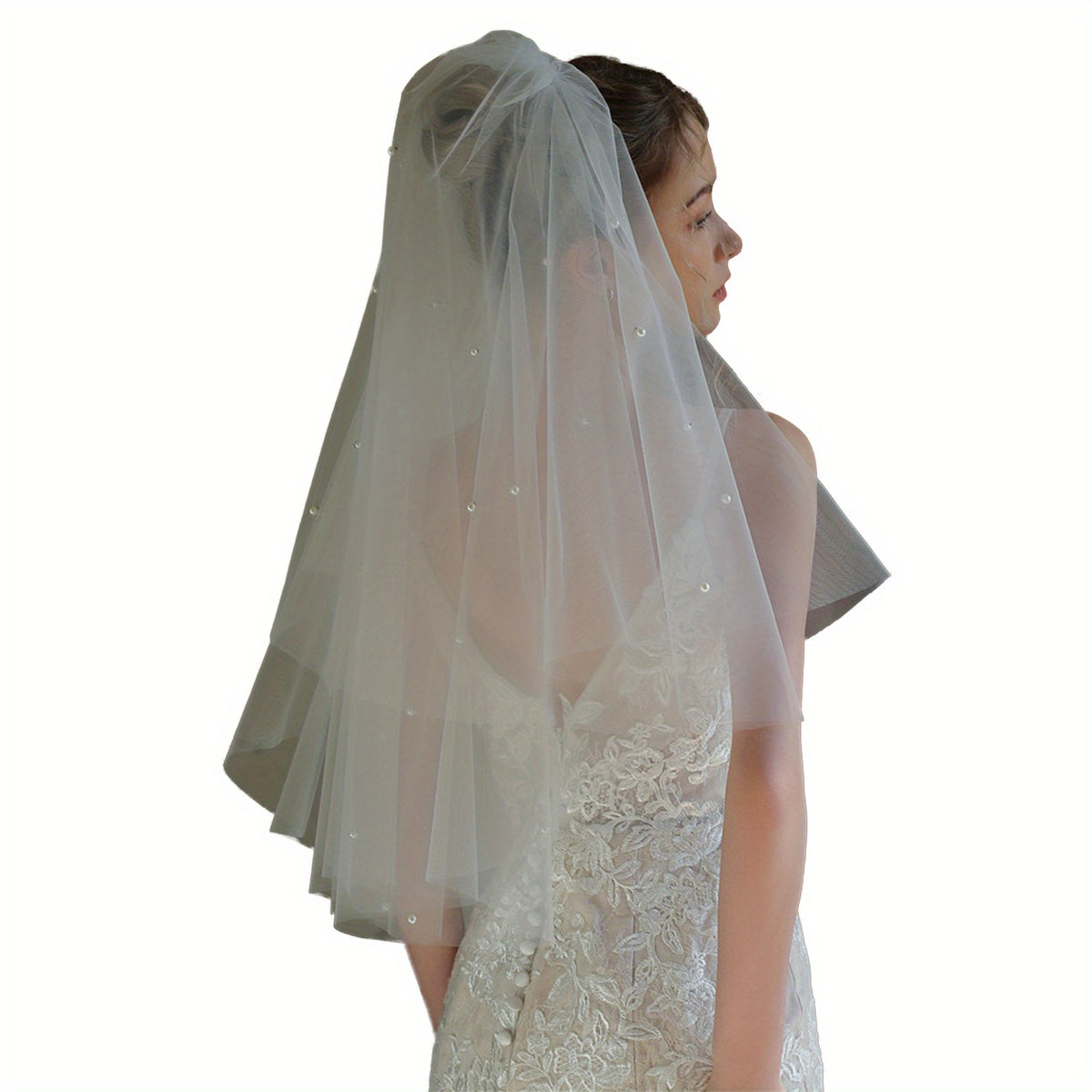 Sheer Lace Wedding Veil with Tulle Train & Headpiece