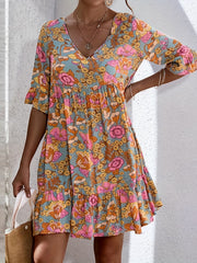 Floral Print Ruffle Trim V Neck Plus Size Boho Dress