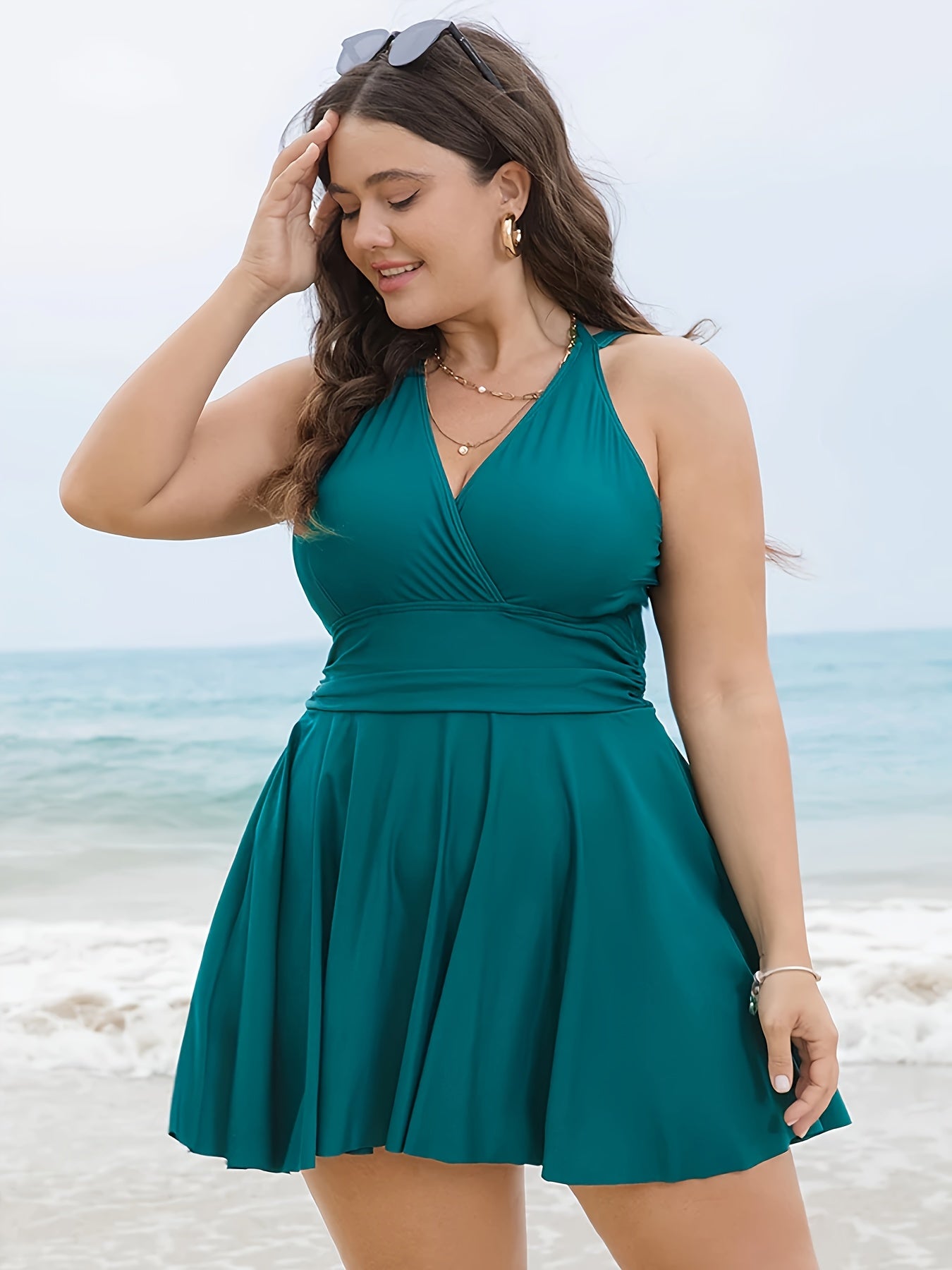  Wrap V Neck Halter Skirted One Piece Bathing Set