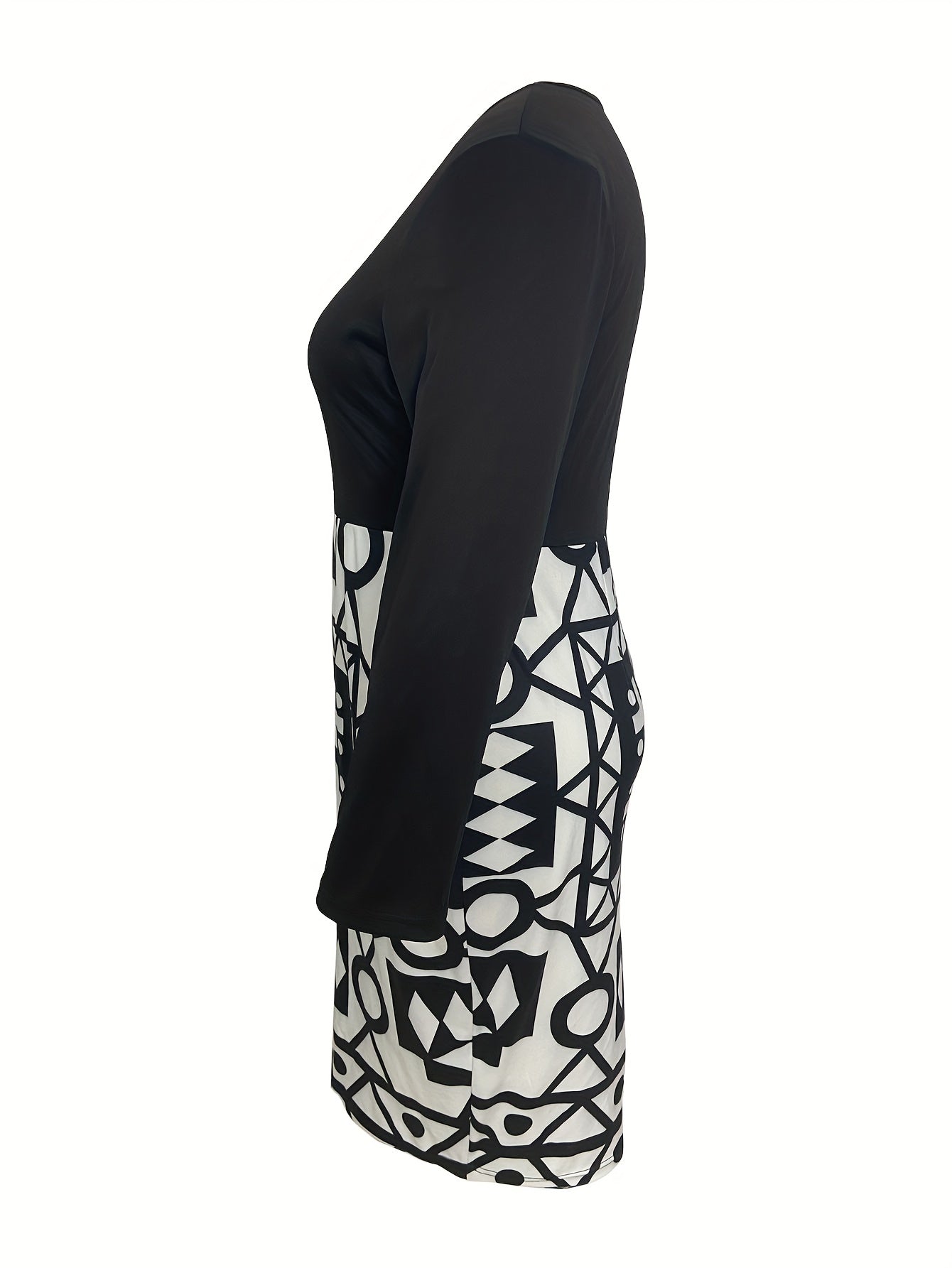  Colorblock Geo Print Long Sleeve Round Neck Dress