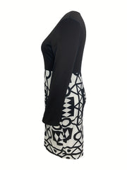  Colorblock Geo Print Long Sleeve Round Neck Dress