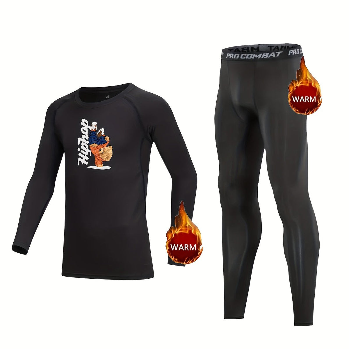 2pcs Kids Fleece Lined Compression Base Set Bear Print
