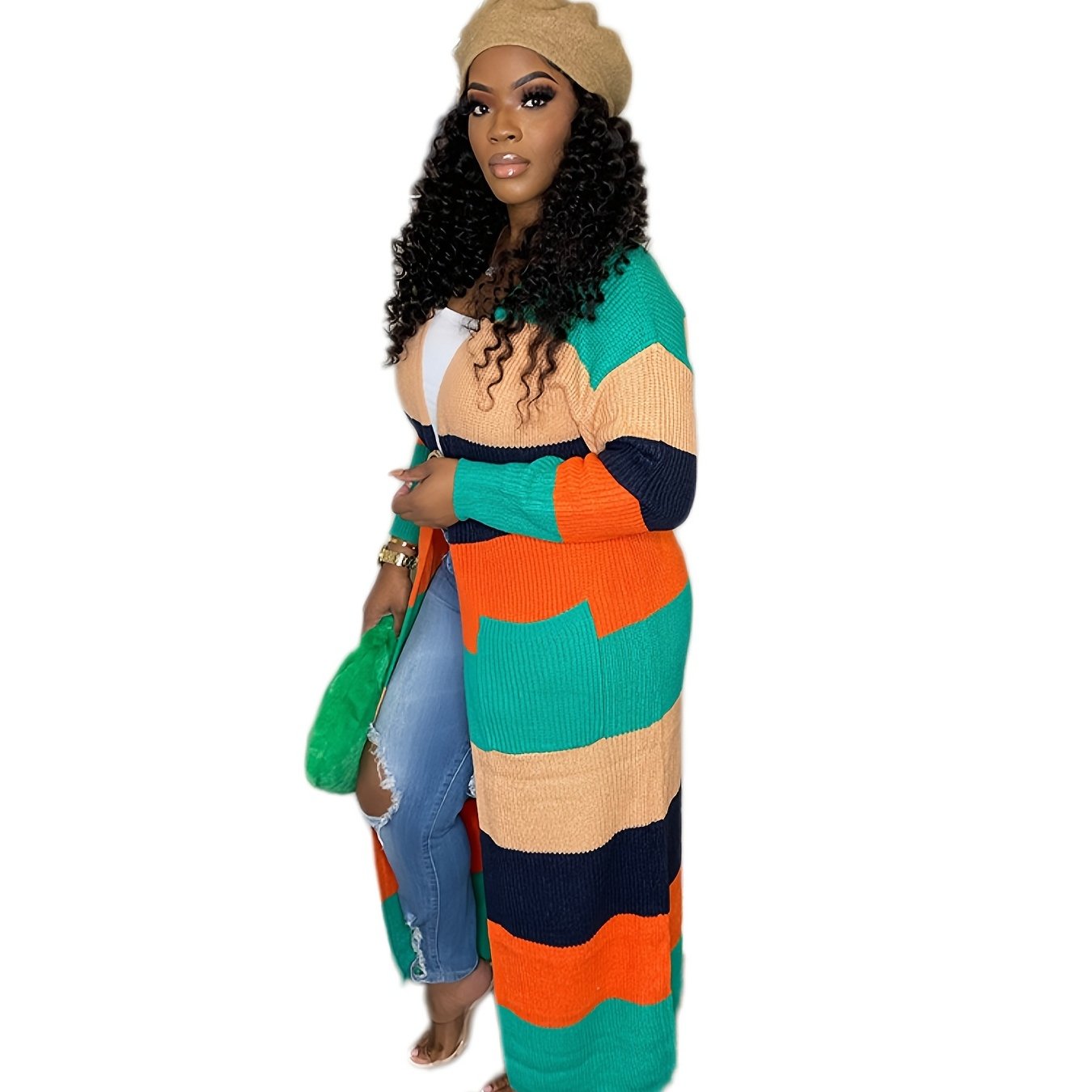  Colorblock Longline Sweater Cardigan High Stretch