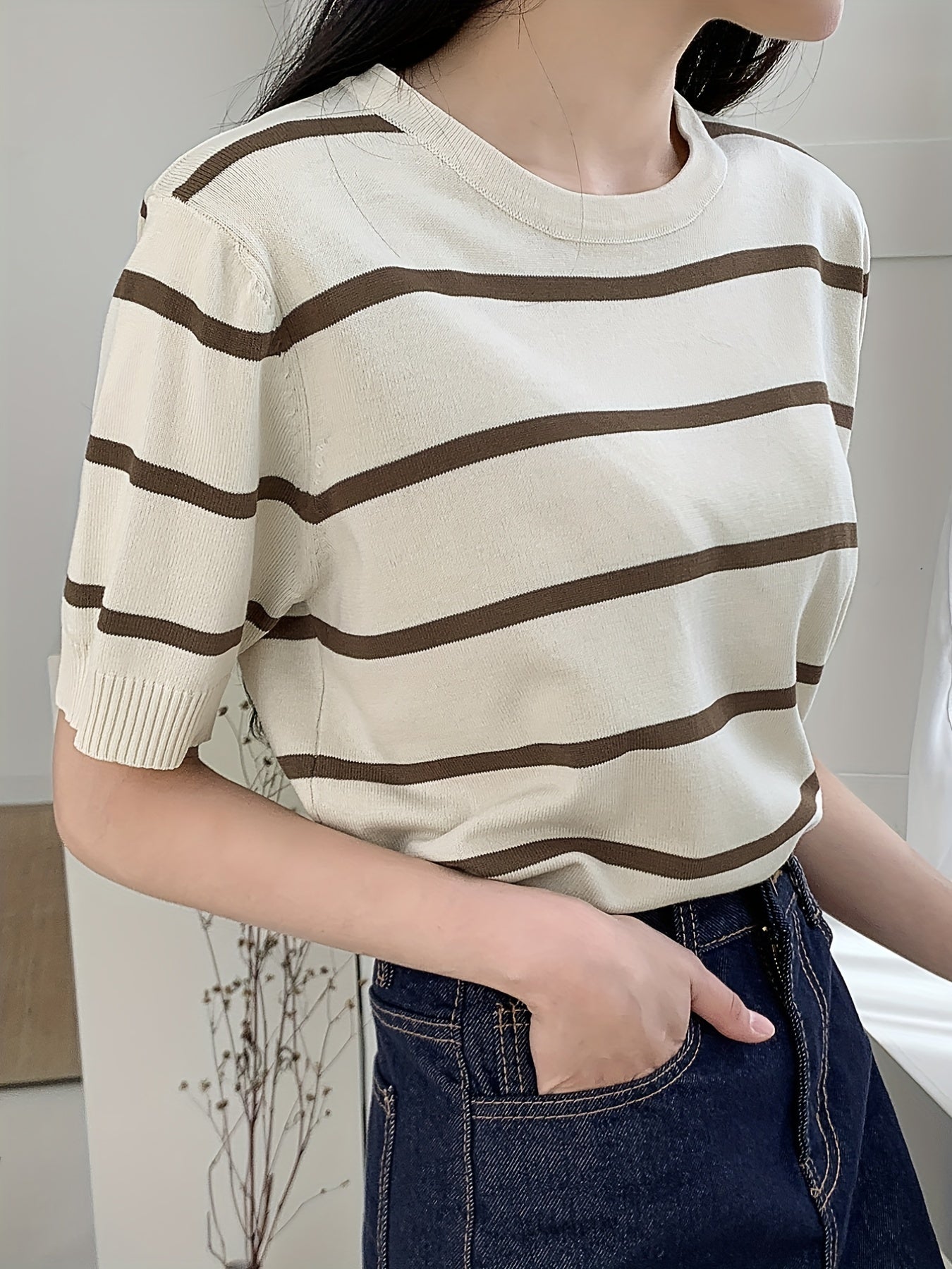 Stripe Print Knitted Pullover Top Short Sleeve Crew Neck