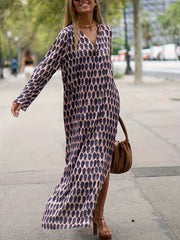  Casual Dress Women's Plus Allover Print V Neck Loose Split Dress