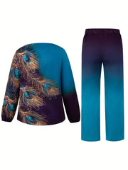 Women's Plus Peacock Print Long Sleeve Top & Pants Set