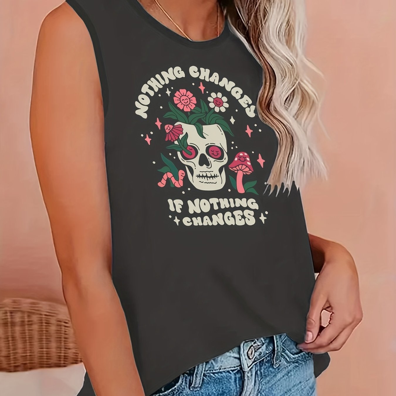  Slogan & Floral Skull Print Tank Top