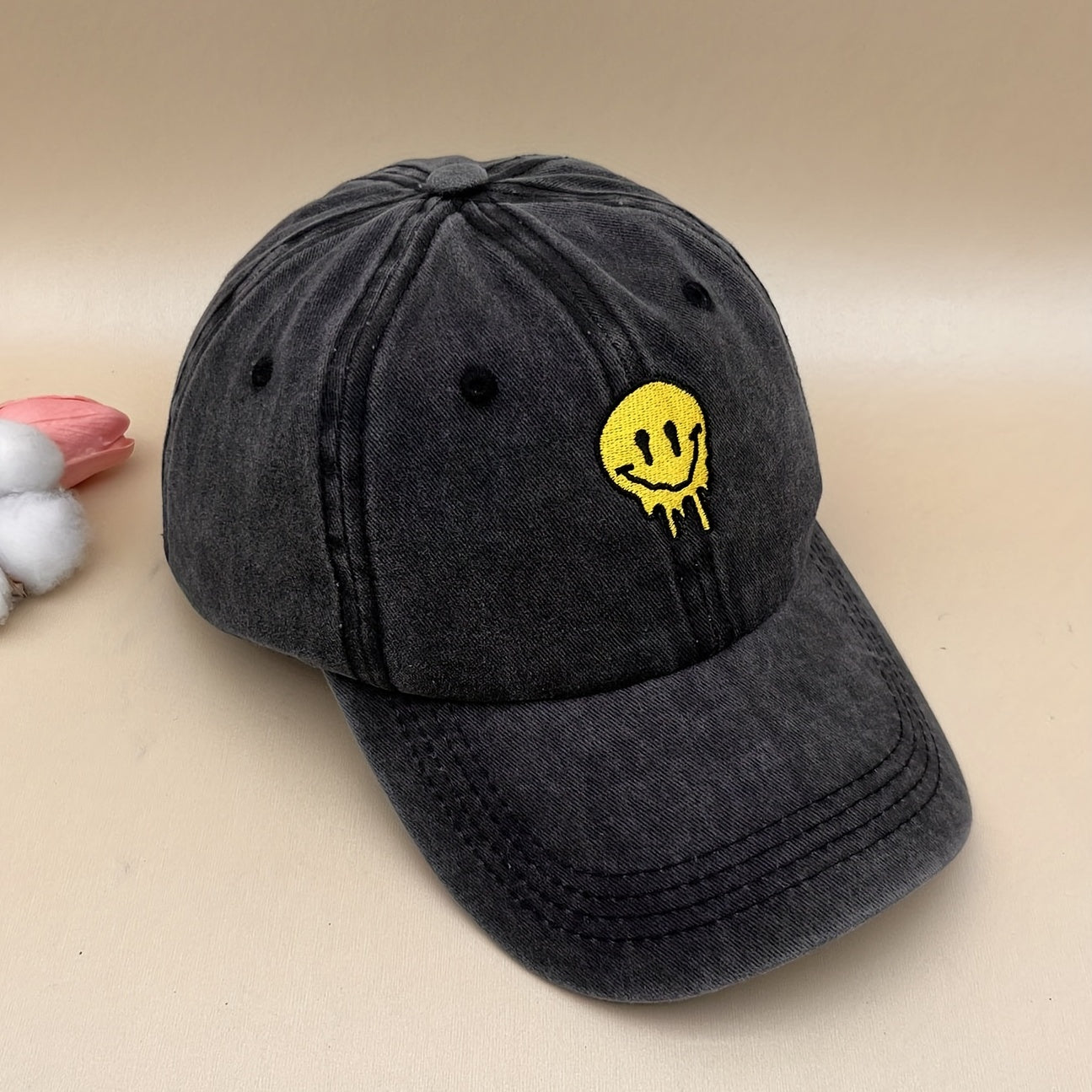 Yellow Smiling Face Baseball Cap Embroidered Distressed Sun Hat
