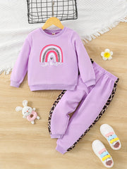 Girl's 2pcs Sweatshirt & Sweatpants Set BE KIND Rainbow Print Leopard Pattern