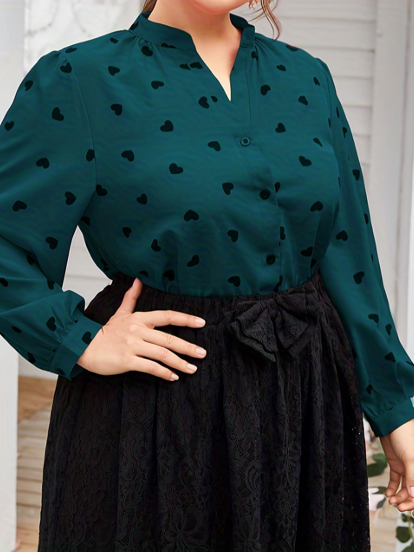  Heart Print Button Up Blouse