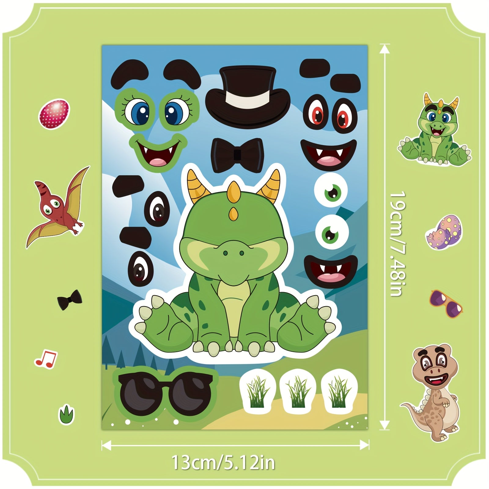 Cartoon Dinosaur Face Decal Sticker Set - 6pcs 12pcs Disposable