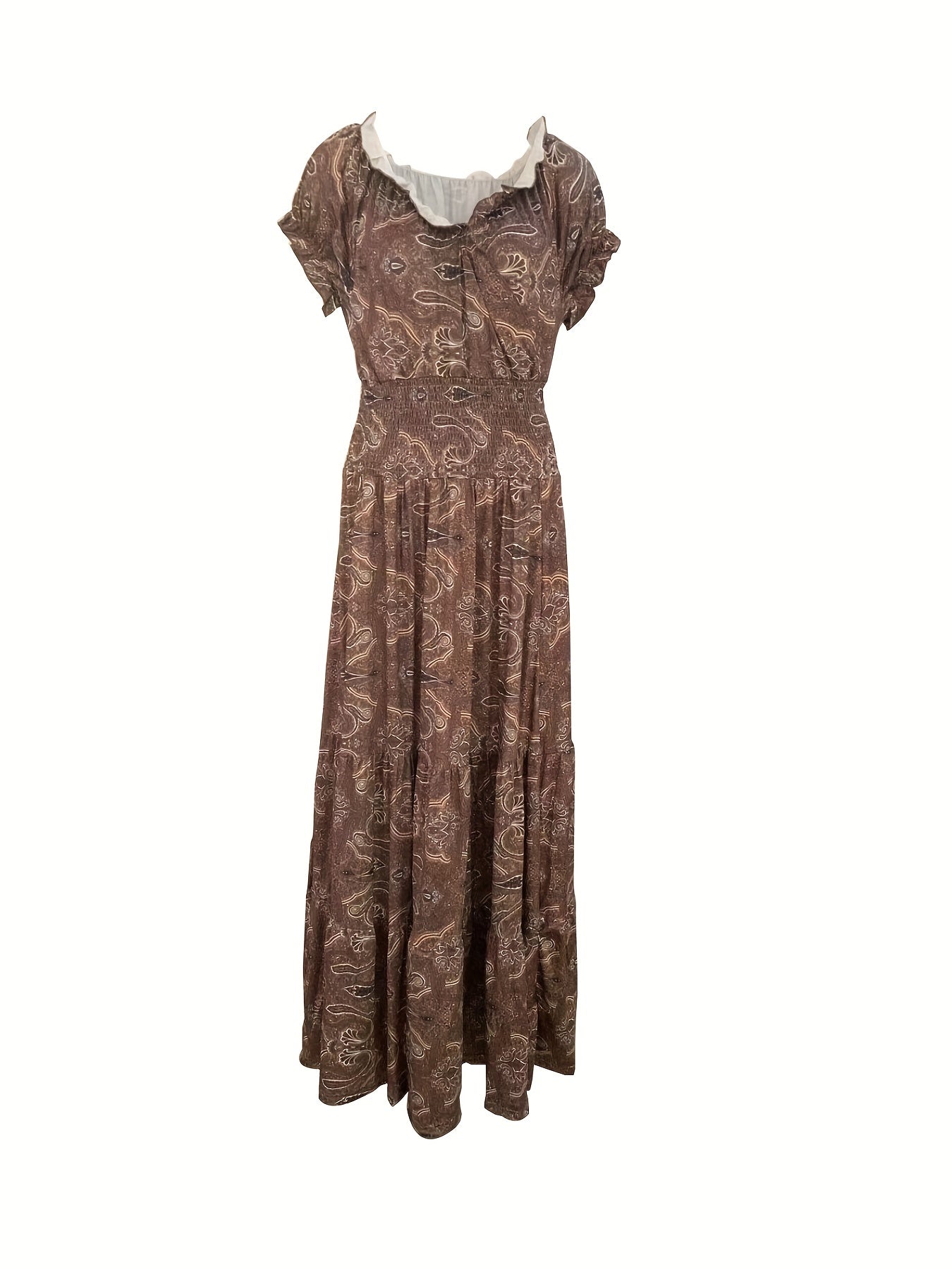  Floral Print Bubble Sleeve V Neck Nipped Waist Maxi Dress