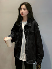 Women's Loose Fit Denim Jacket Single Breasted Button