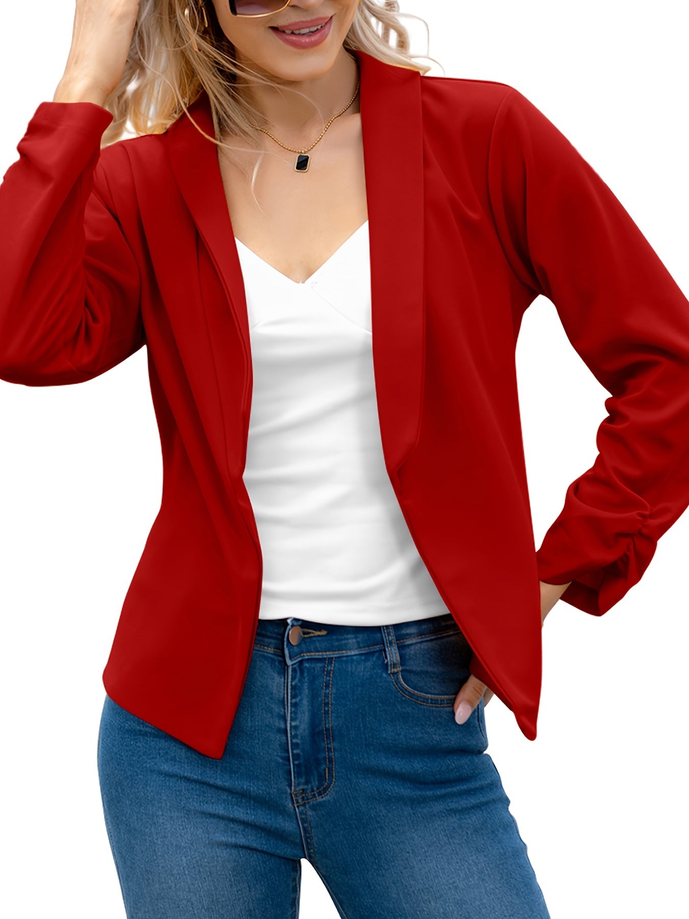 Long Sleeve Open Front Lapel Blazer & Stylish Tops For Office