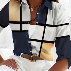  Colorblock Grid Print Button Up Blouse