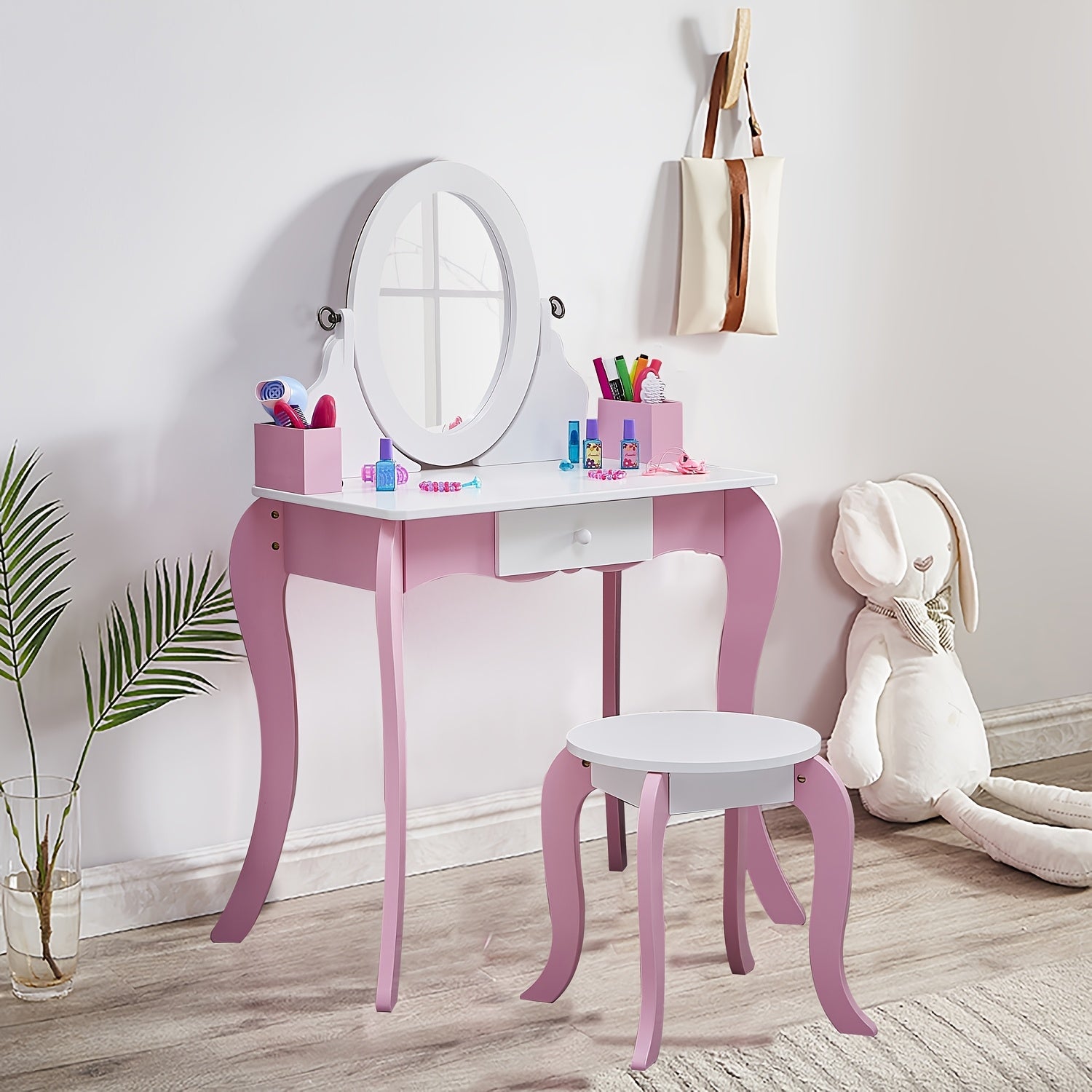 Girls Vanity Set with Mirror and Stool 2 in 1 Top Rotatable Mirror