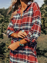  Plaid Print Roll Up Sleeve Shirt Dress