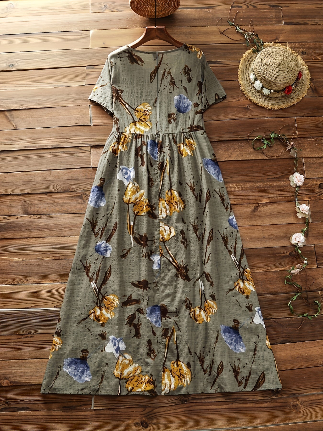  Casual Dress Women's Plus Floral Print Short Sleeve Round Neck Dress
