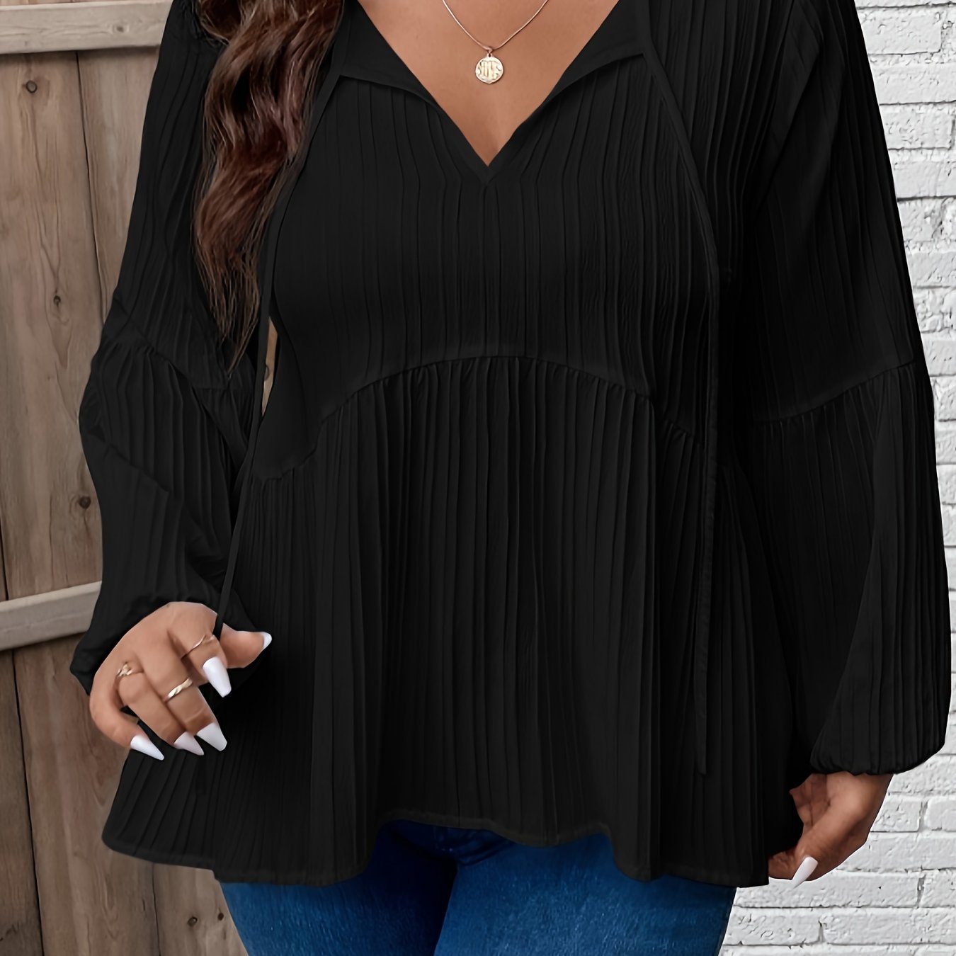 Solid Ribbed Lantern Sleeve Peplum Top