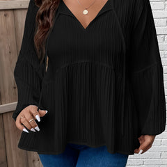  Solid Ribbed Lantern Sleeve Peplum Top