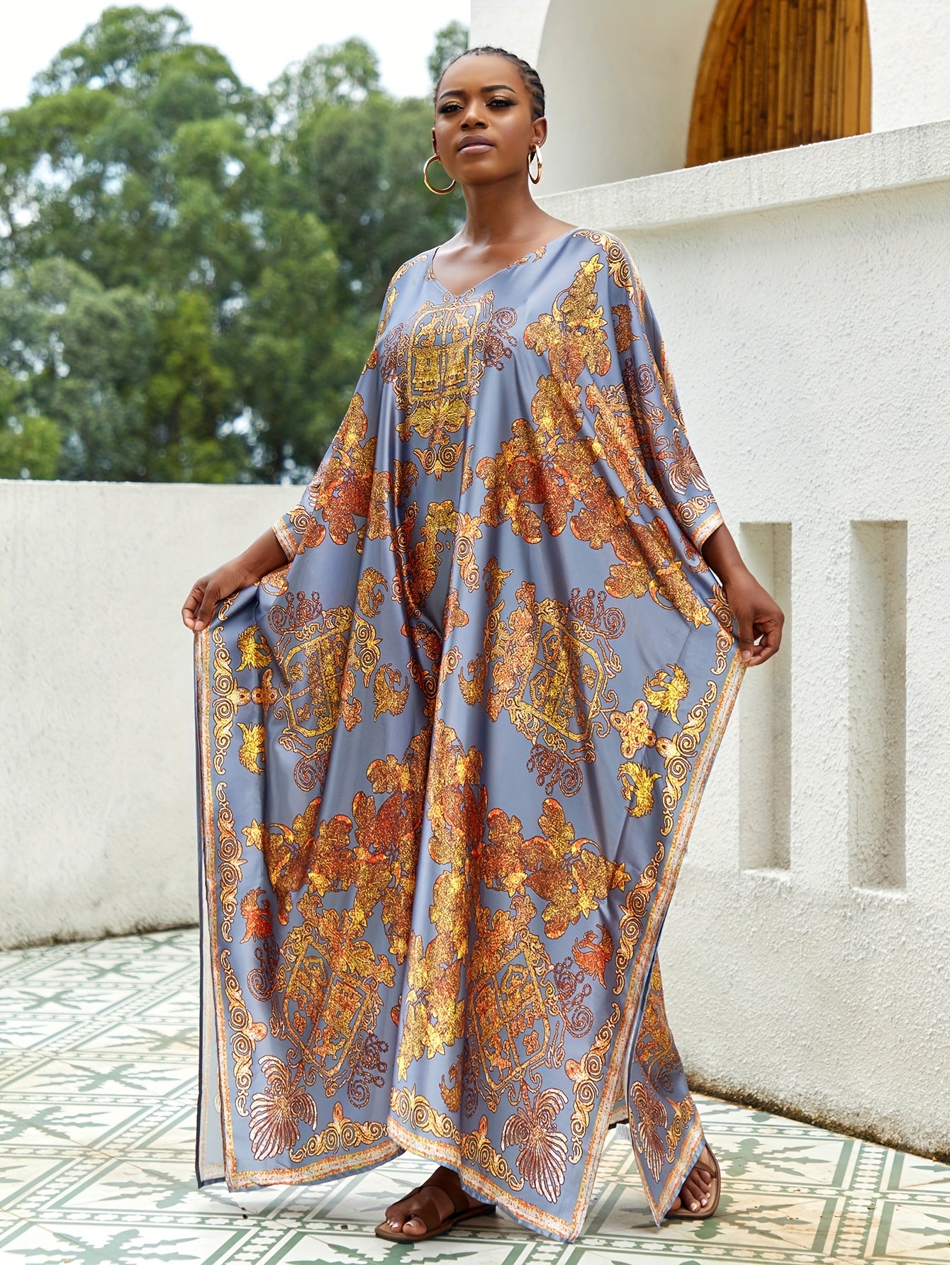  Retro Kimono Women's Plus Abstract Print Batwing Sleeve Kimono
