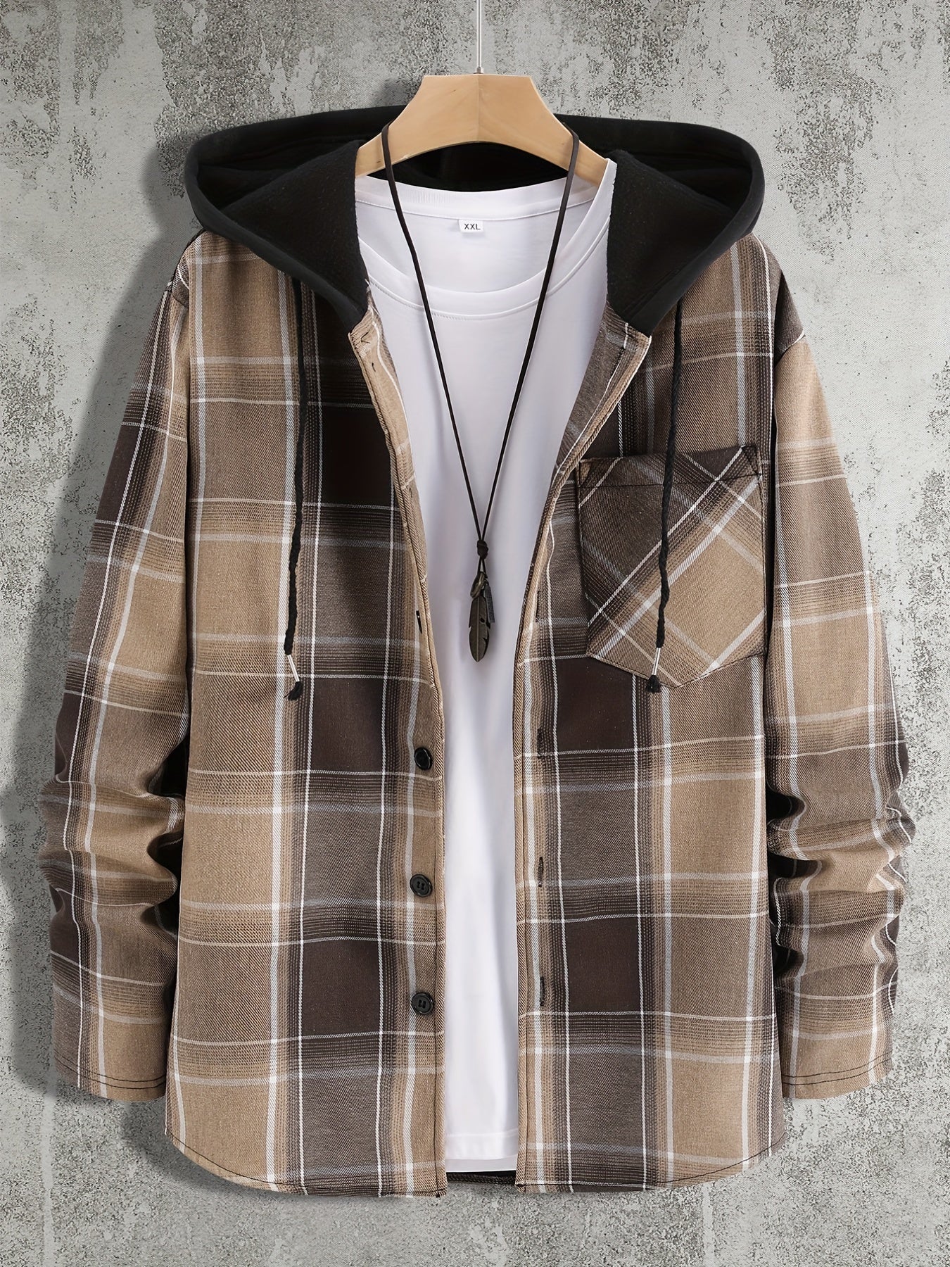 Plaid Shirts Jackets Hooded Button Up Coat Men