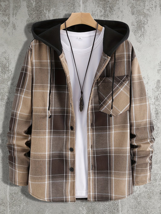 Plaid Shirts Jackets Hooded Button Up Coat Men
