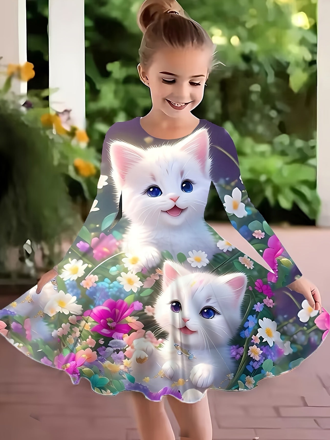 Girls Flower & Cat Graphic Crew Neck Long Sleeve Dress Spring Fall Party Gift