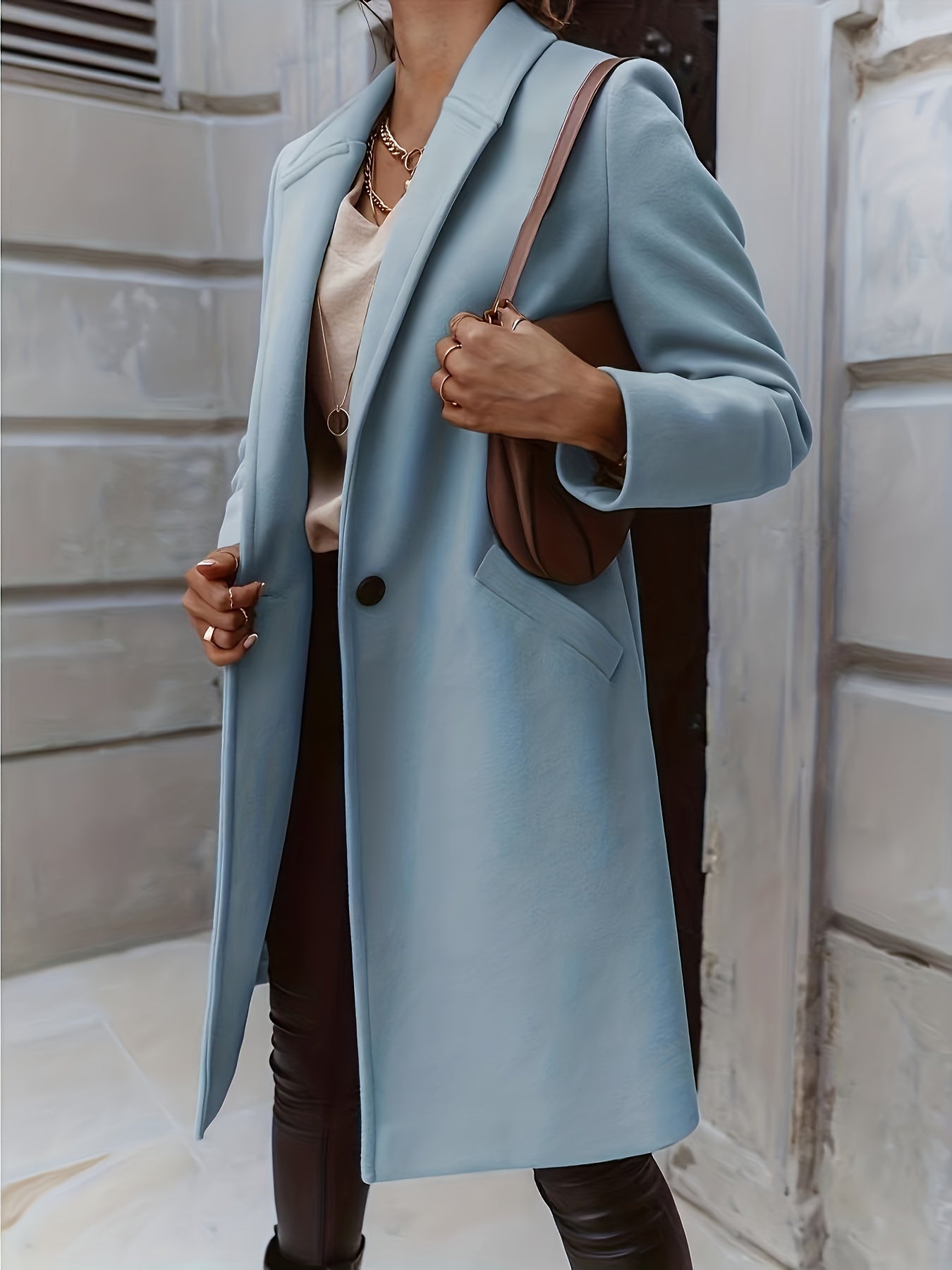 Women's Solid Mid Length Coat One Button Outerwear