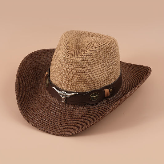 Big Cow Head Leather Belt Retro Outdoor Sunshade Western Cowboy Straw Hat