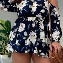 Floral Print Cold Shoulder Lantern Sleeve Peplum Top