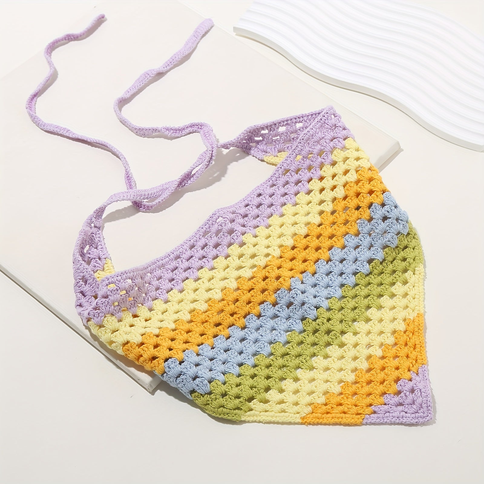 Rainbow Hollow Crochet Triangle Scarf Pastoral Style Headband Hair Accessories