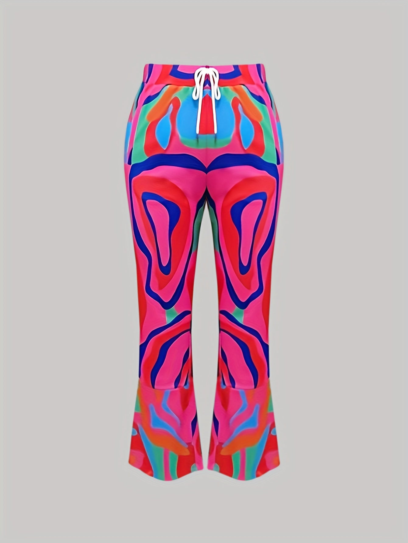  Flared Leg Trousers Abstract Print Elastic High Rise Pant