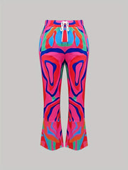  Flared Leg Trousers Abstract Print Elastic High Rise Pant