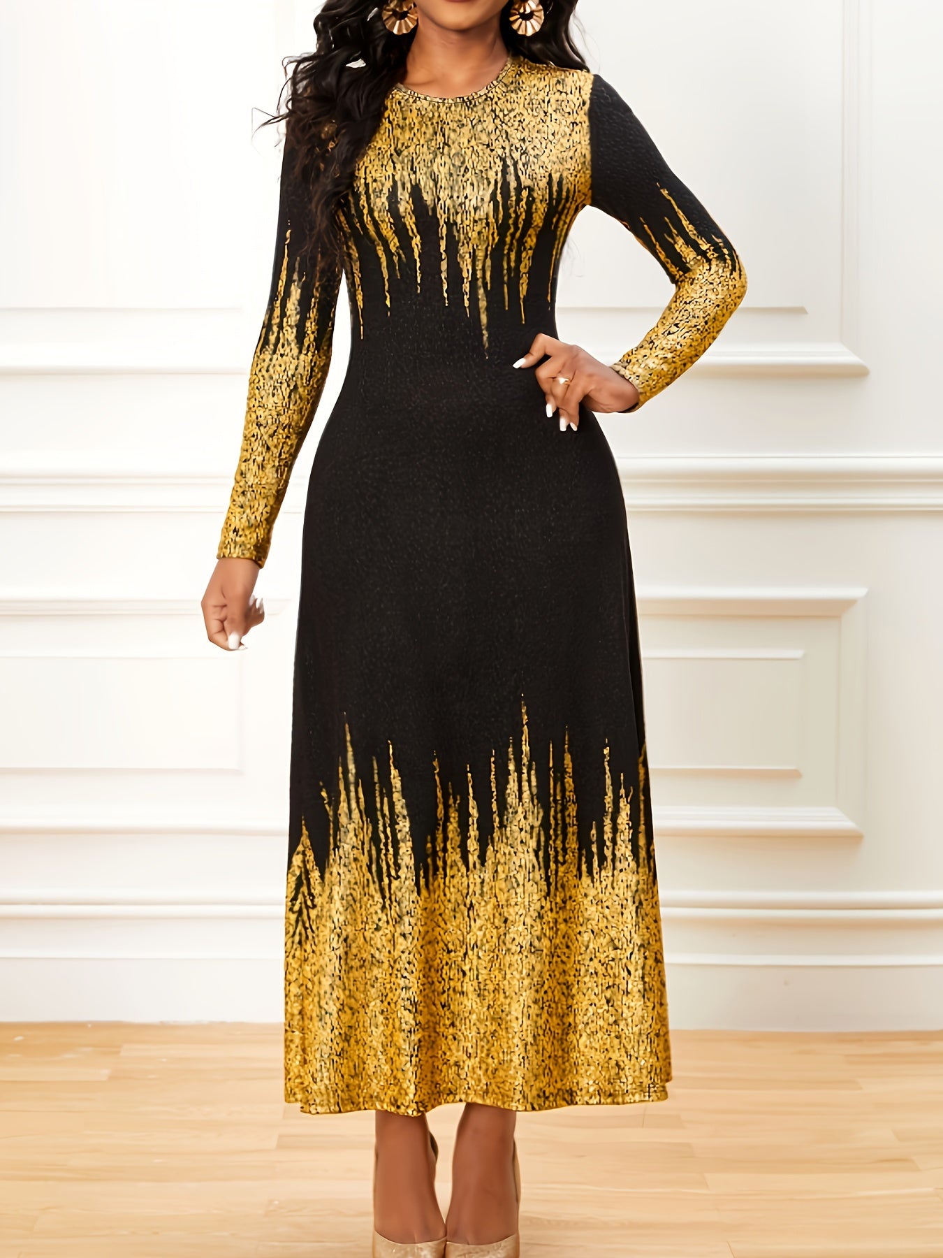  Colorblock Ombre Maxi Dress Long Sleeve Round Neck