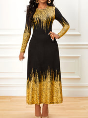  Colorblock Ombre Maxi Dress Long Sleeve Round Neck