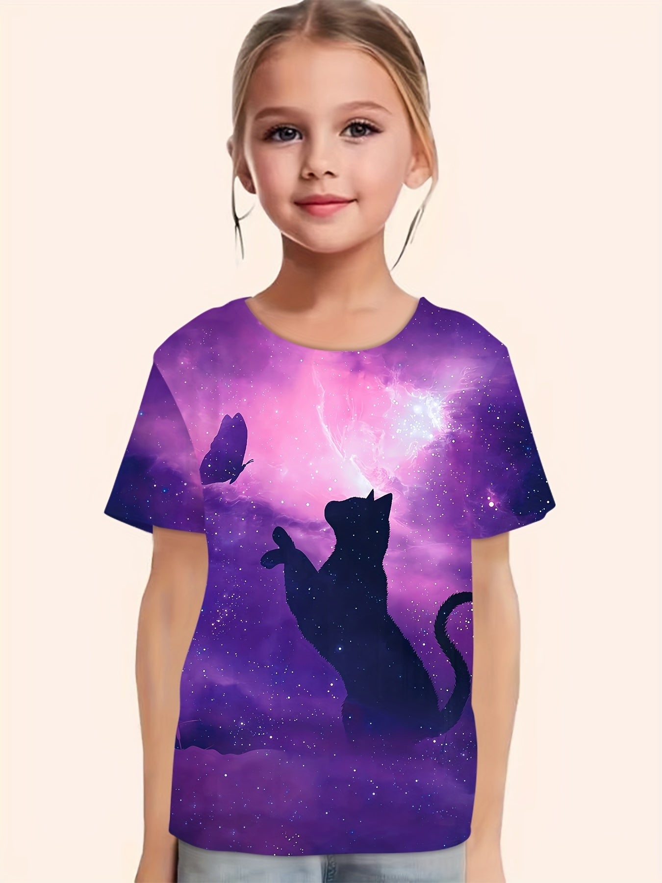Dreamy Cat & Butterfly Graphic T-Shirt Girls Summer Clothes