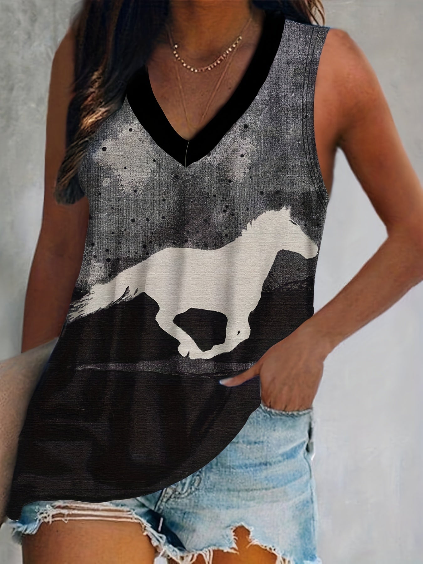  Colorblock Horse Print Tank Top