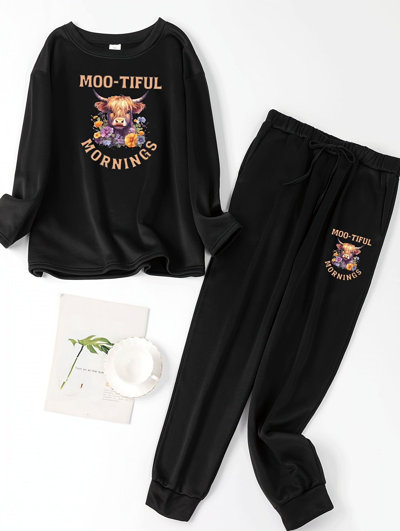 Women's Plus Floral Cow & Letter Print Lounge Set